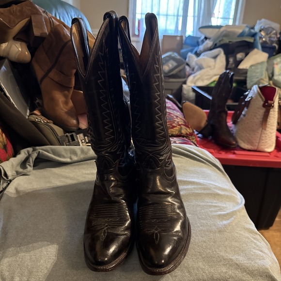 Tony Lama Western Cowboy Boots Vintage 1981Embroidered Mens 7.5 Brown‎